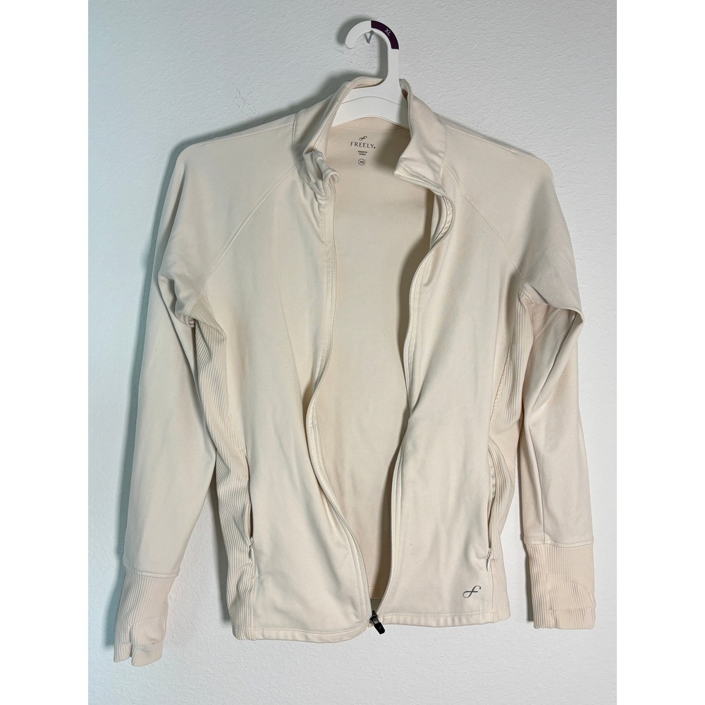 Freely Womens Full Zip Athletic Jacket Cream Ribbed Mock Neck Thumbholes XS